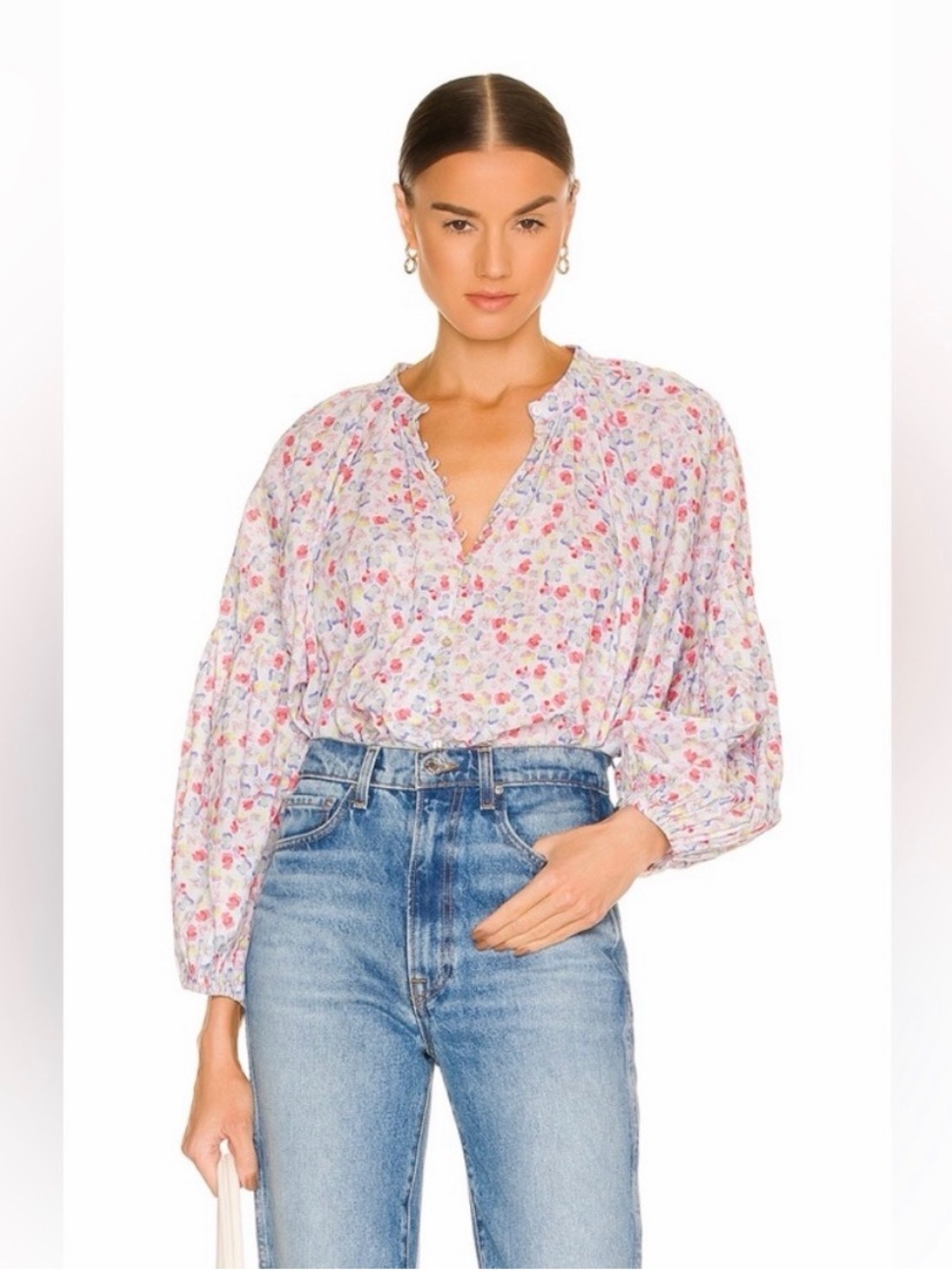 Something Navy Floral Puff Sleeve Blouse - Pink, Blue, White